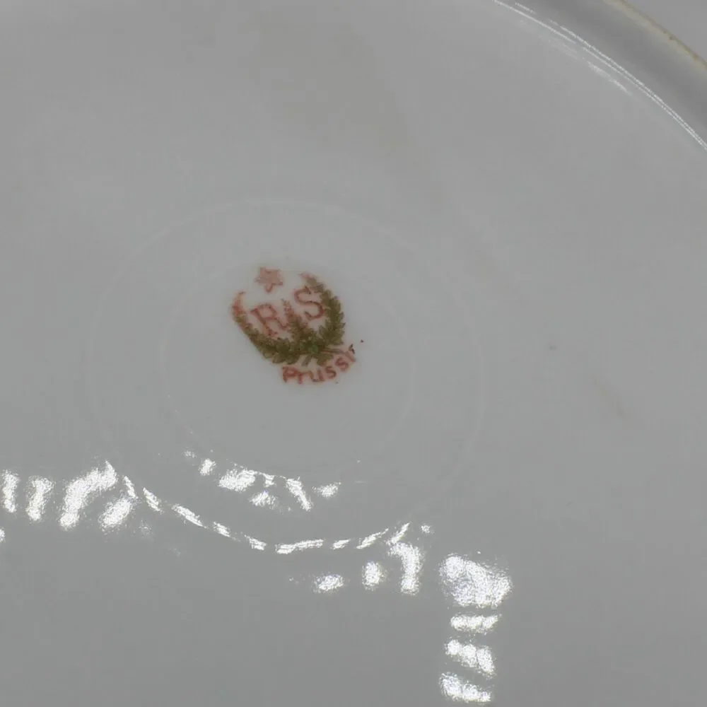 Antique RS Prussian Cake Plate Porcelain Iridescent Green Floral Open Handles